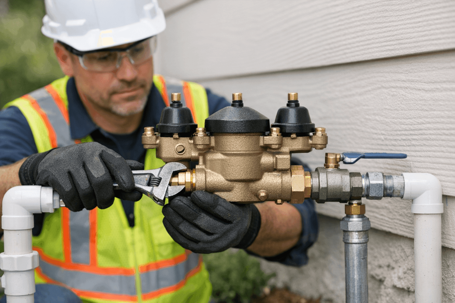 Technician installing a backflow prevention device on home plumbing