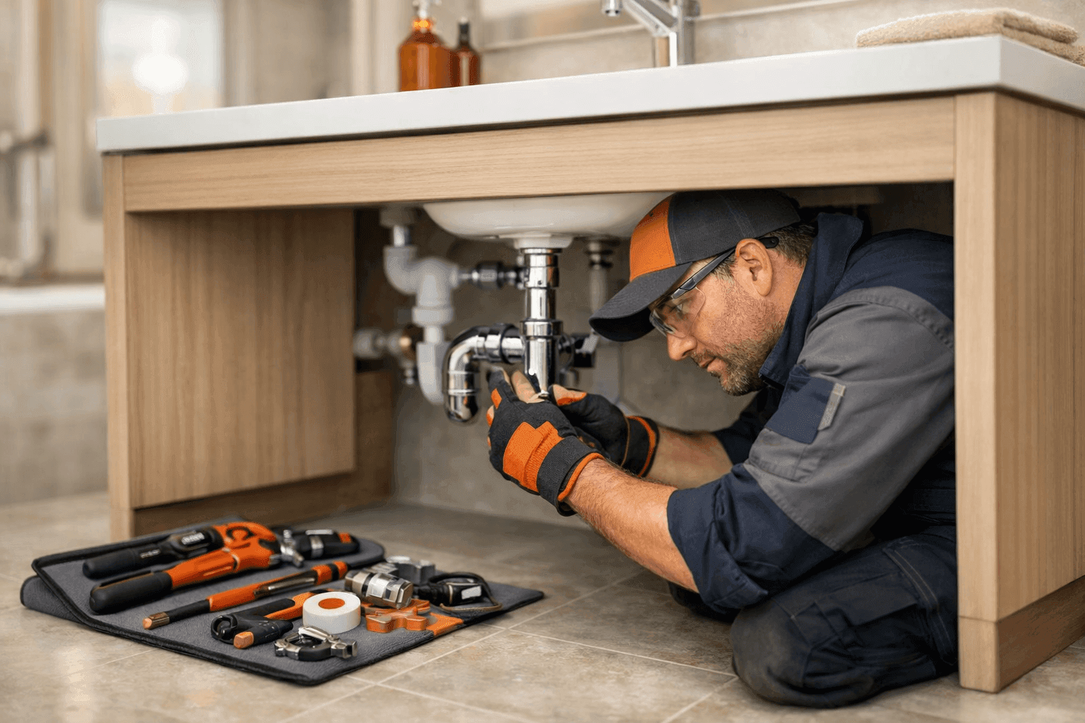 Plumber adjusting pipes beneath a residential bathroom sink