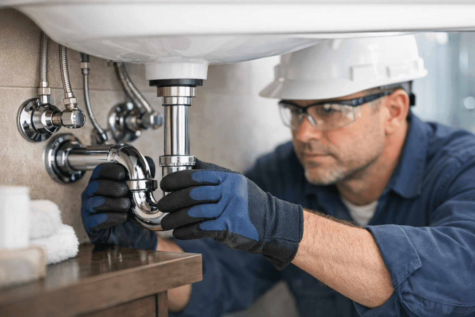 Plumber inspecting bathroom plumbing under sink