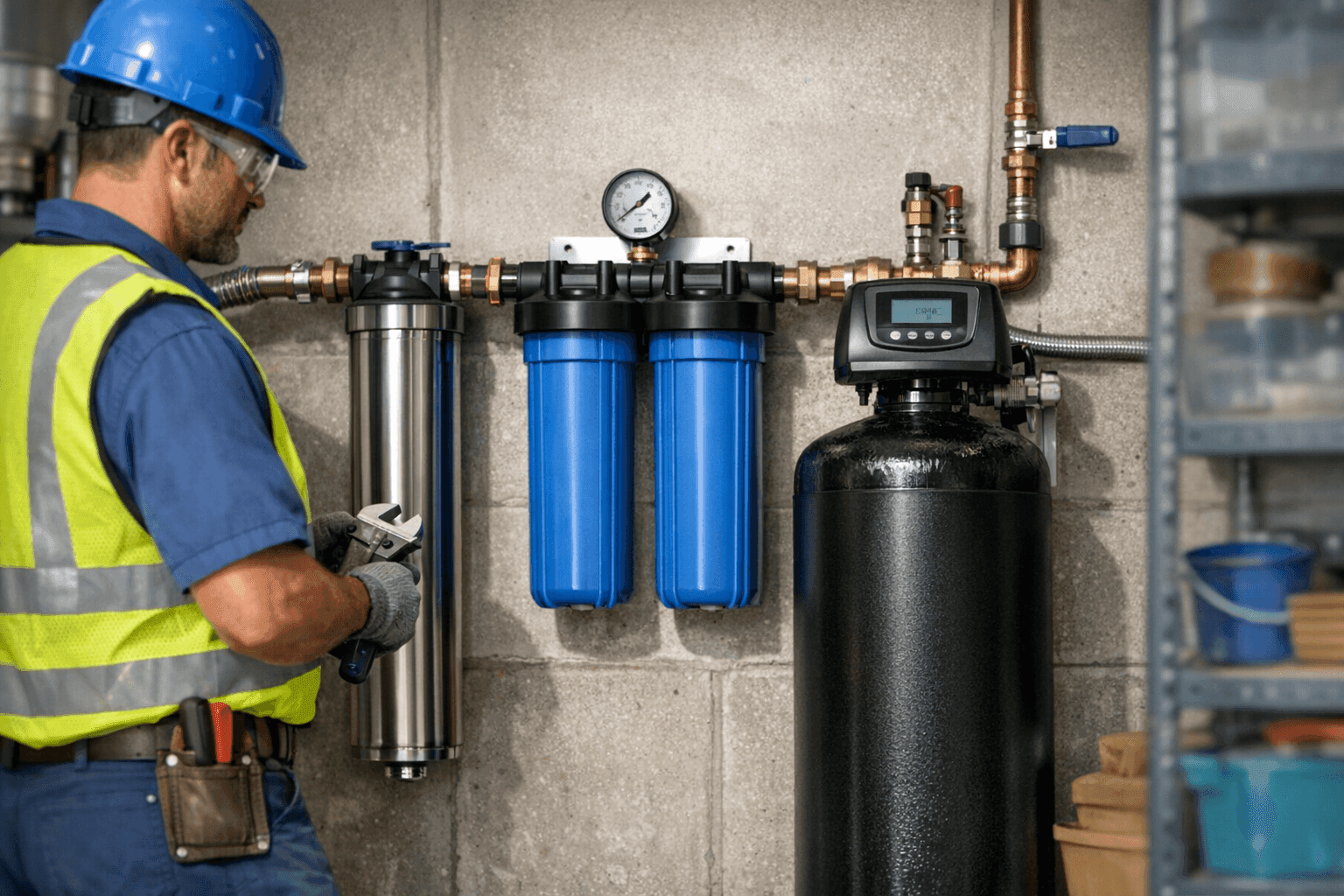 Whole-house water filtration unit installed in basement