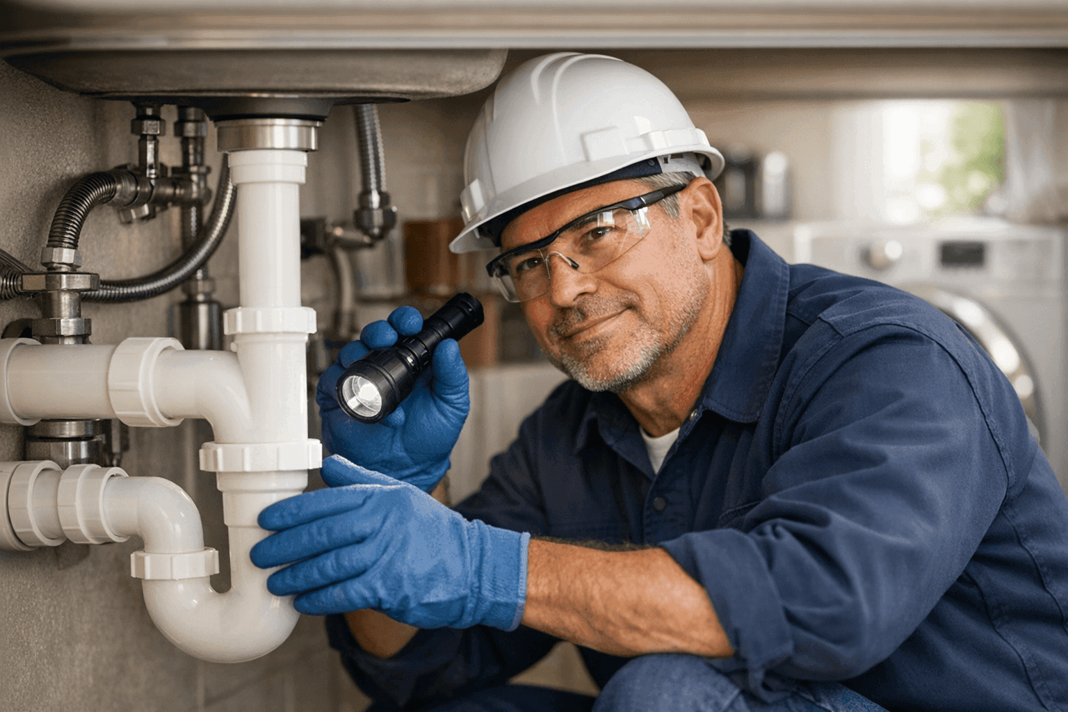 Technician inspecting home plumbing system as part of maintenance plan