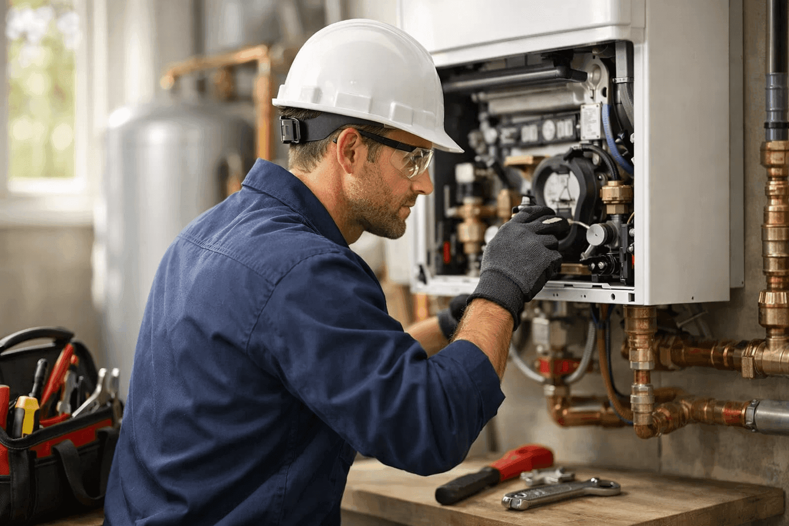 Plumber examining a residential boiler in a utility room