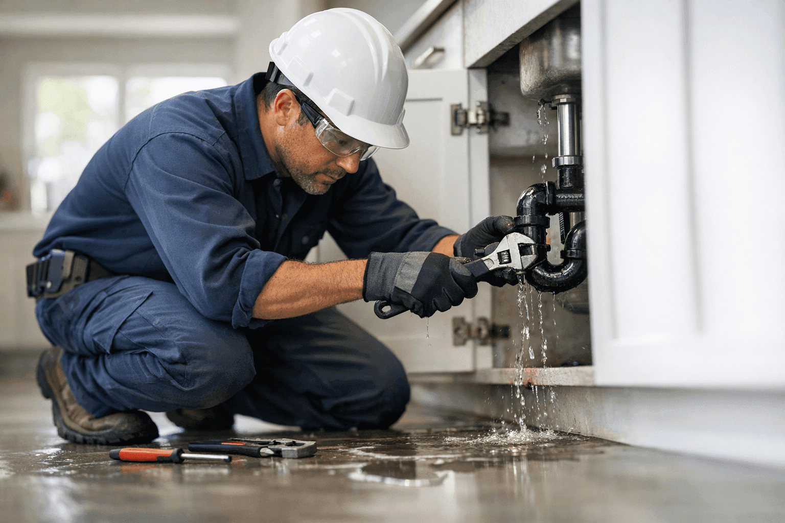 Plumber responding to emergency water leak in home