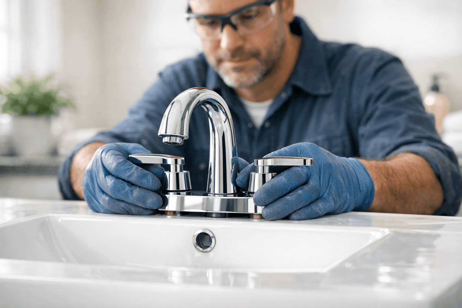 Plumber installing a new bathroom faucet on a sink