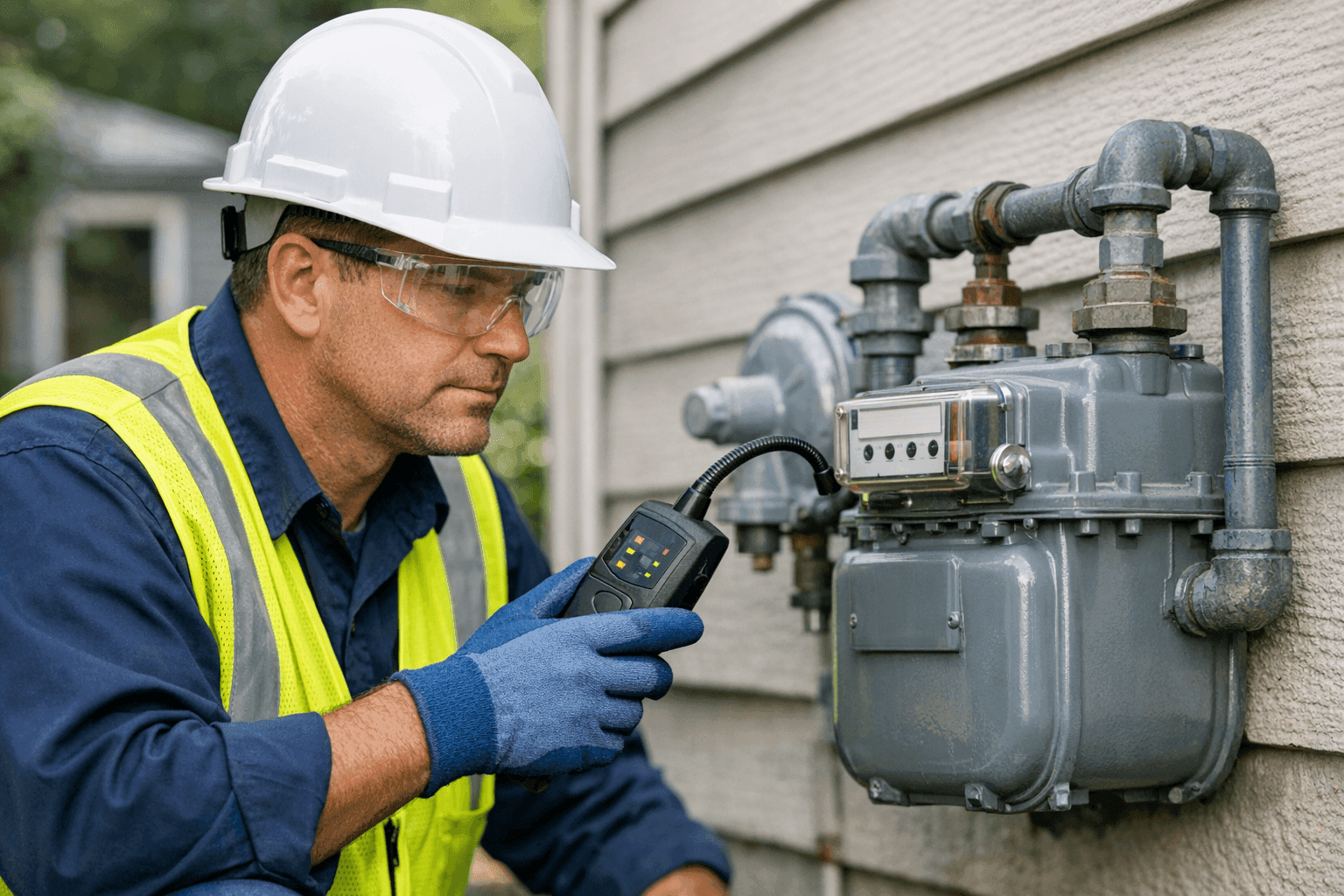 Plumber inspecting home gas line with detection tool