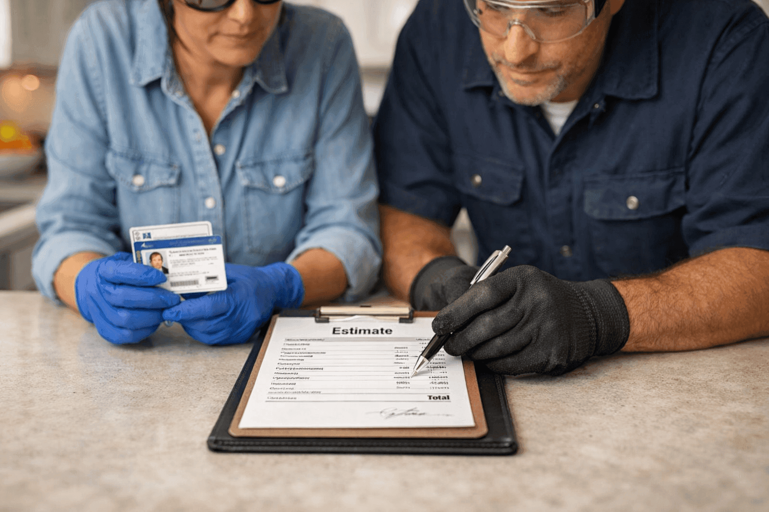 Homeowner reviewing plumber's credentials and written estimate
