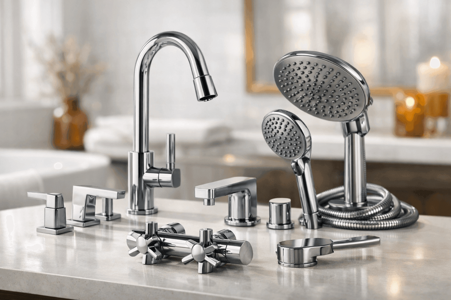 Selection of bathroom fixtures displayed on countertop