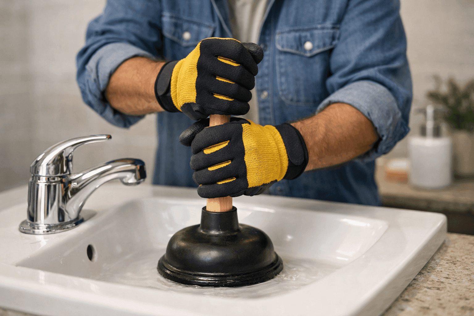 Homeowner using plunger on bathroom sink drain