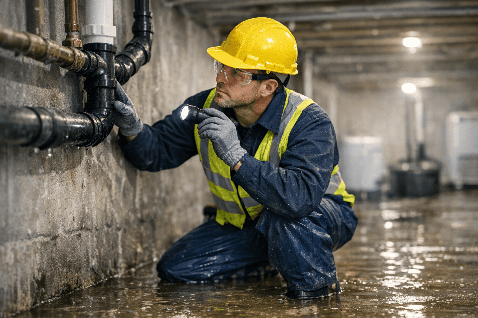 Plumber inspecting flooded basement plumbing after storm