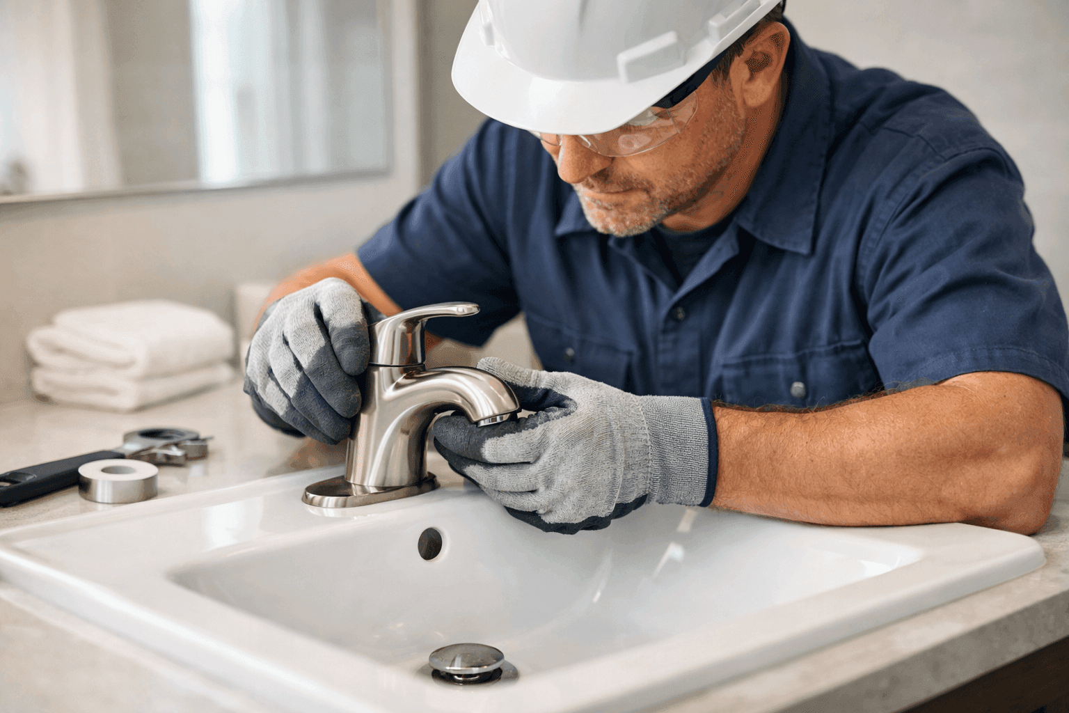 Plumber installing new sink in bathroom vanity