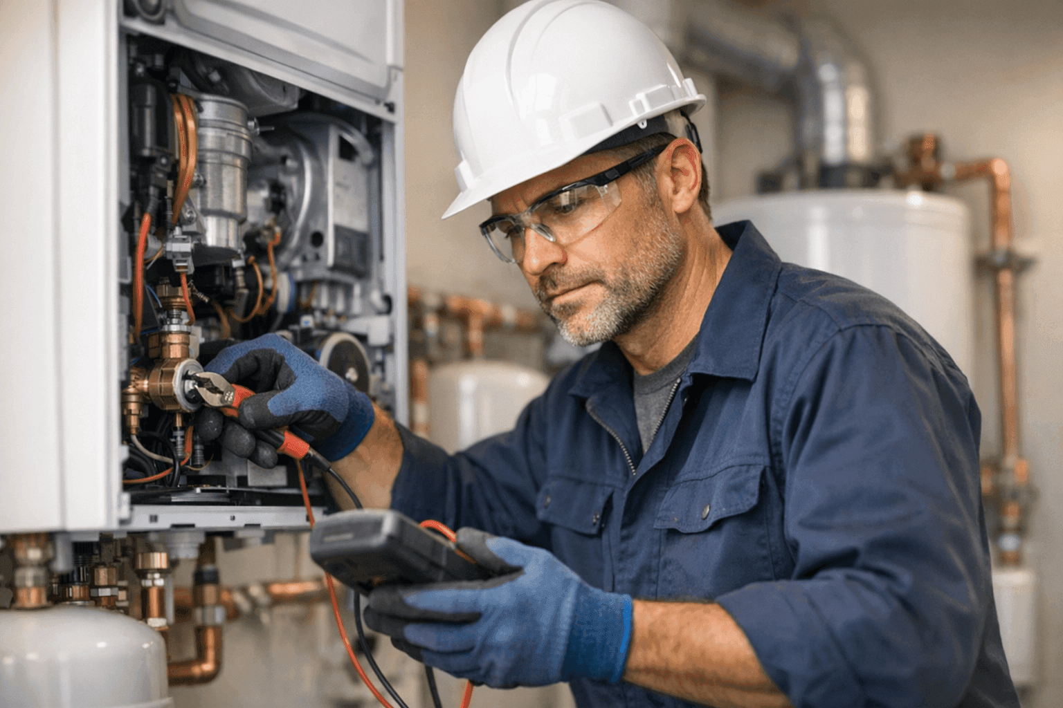 Plumber servicing residential boiler in utility room