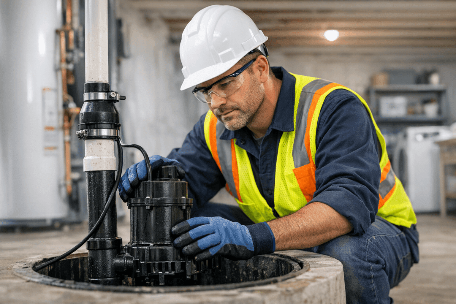 Plumber inspecting residential sump pump in basement