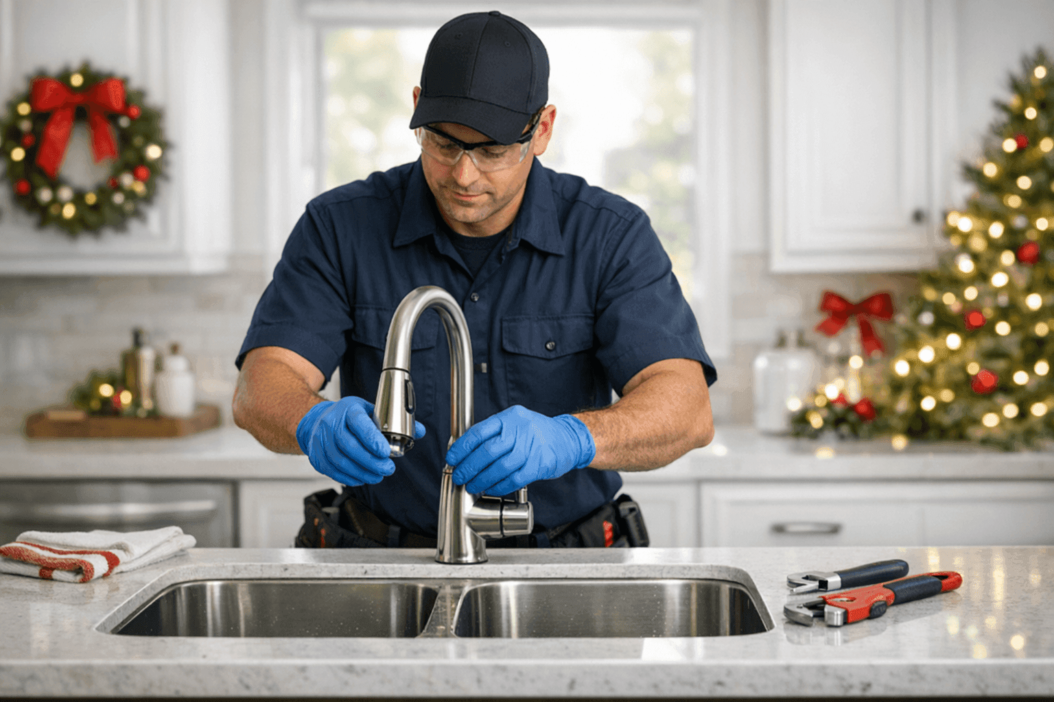 Homeowner preparing kitchen sink for holiday guests