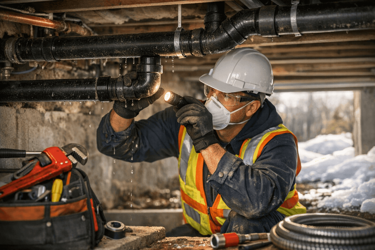 Plumber inspecting pipes during spring thaw