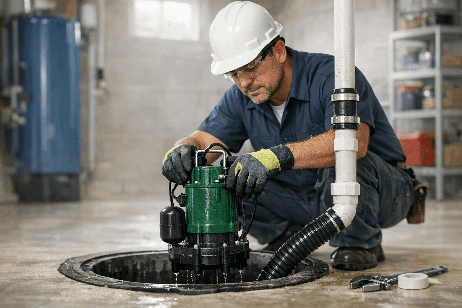 Plumber installing sump pump in finished basement