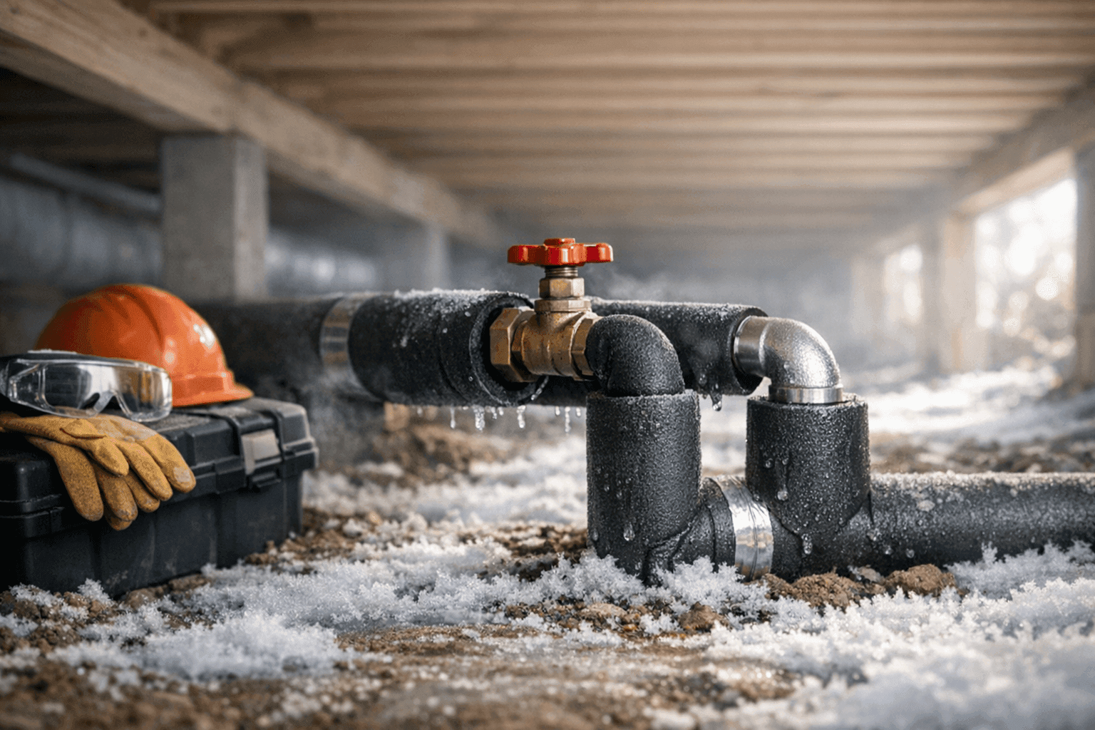 Insulated pipes in a home crawlspace during winter