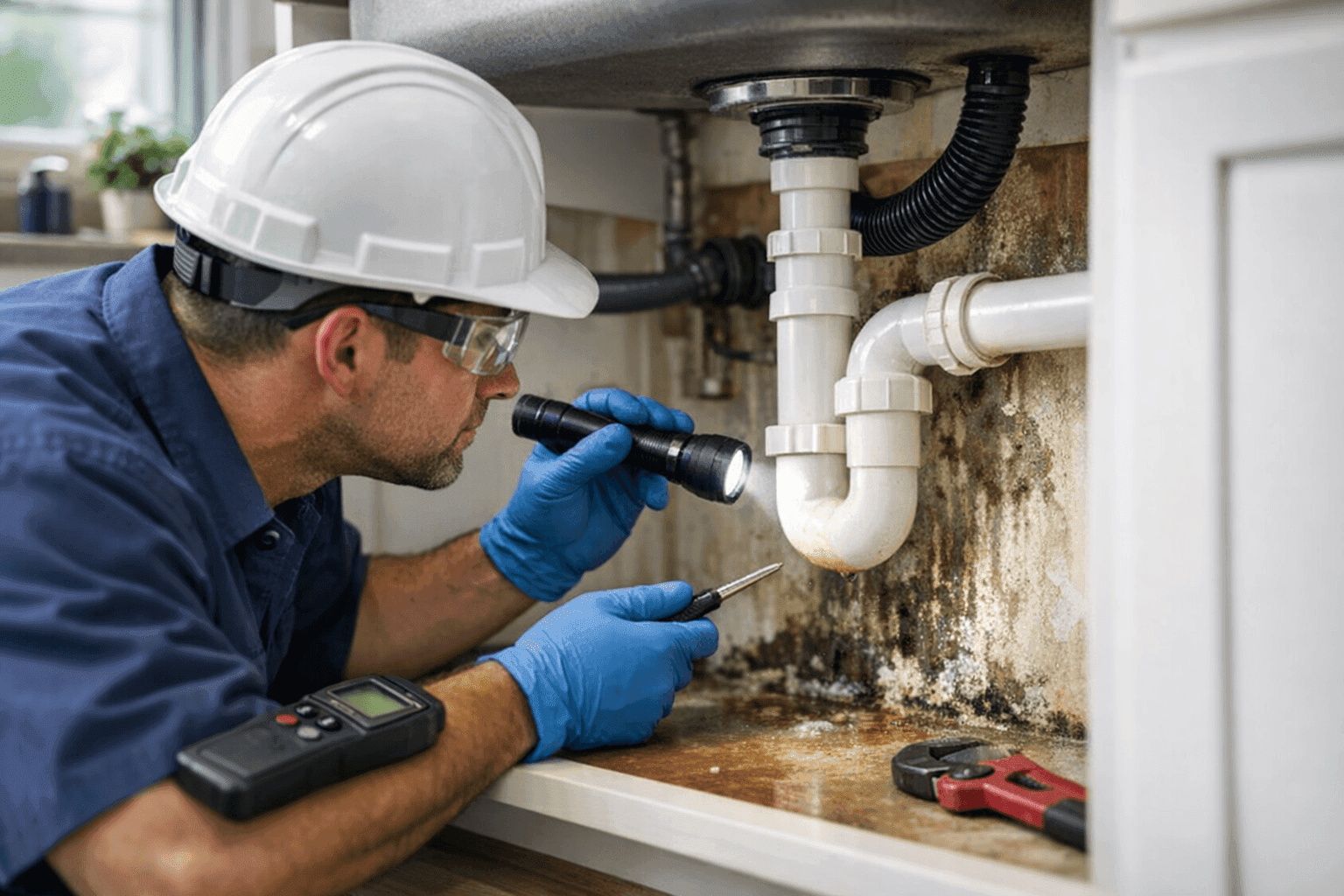 Plumber inspecting for mold under kitchen sink
