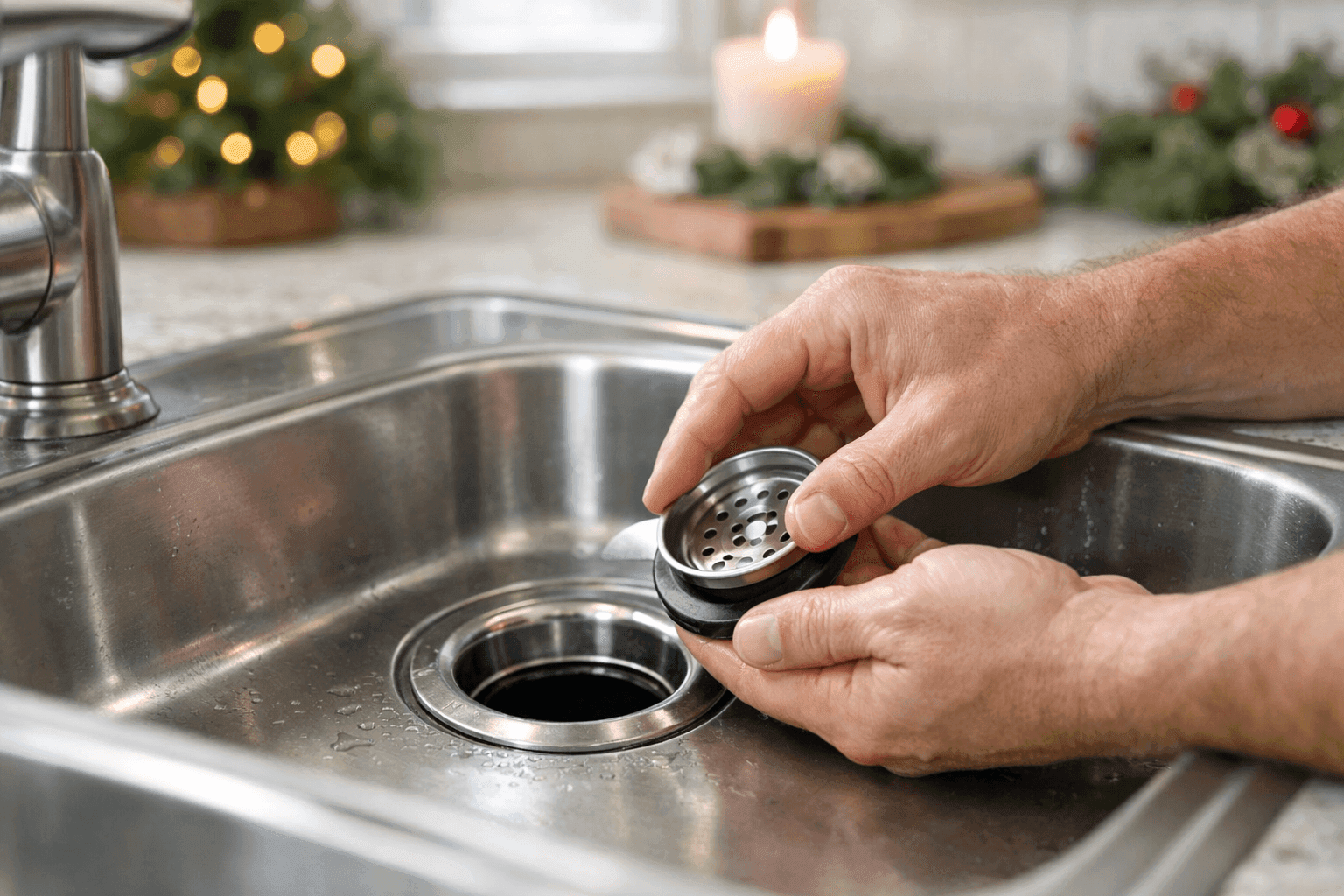 Homeowner preparing kitchen sink drain before holiday meal