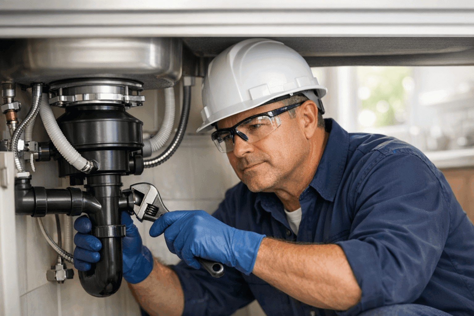 Plumber inspecting under kitchen sink for leaks