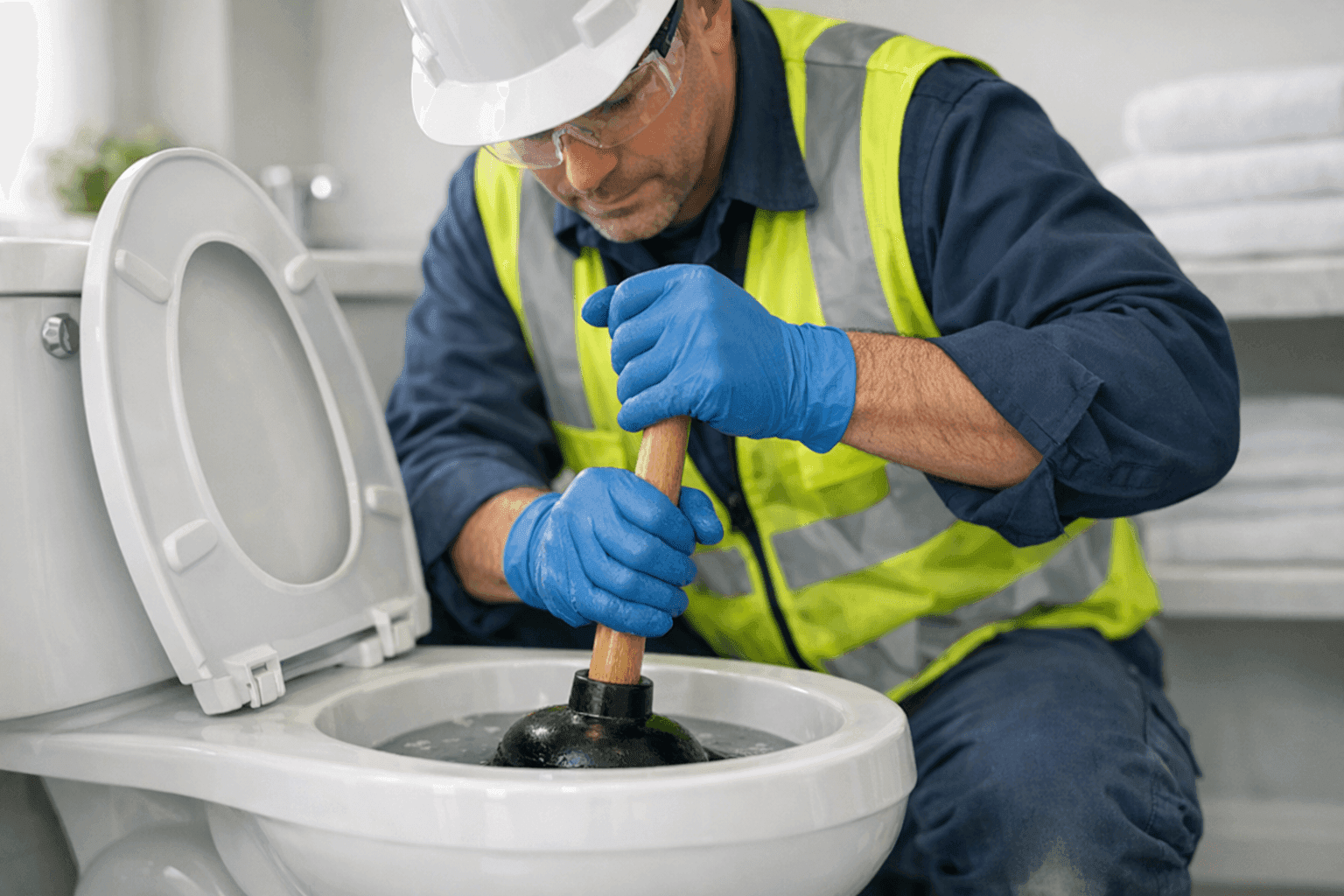 Plumber using plunger to fix overflowing toilet
