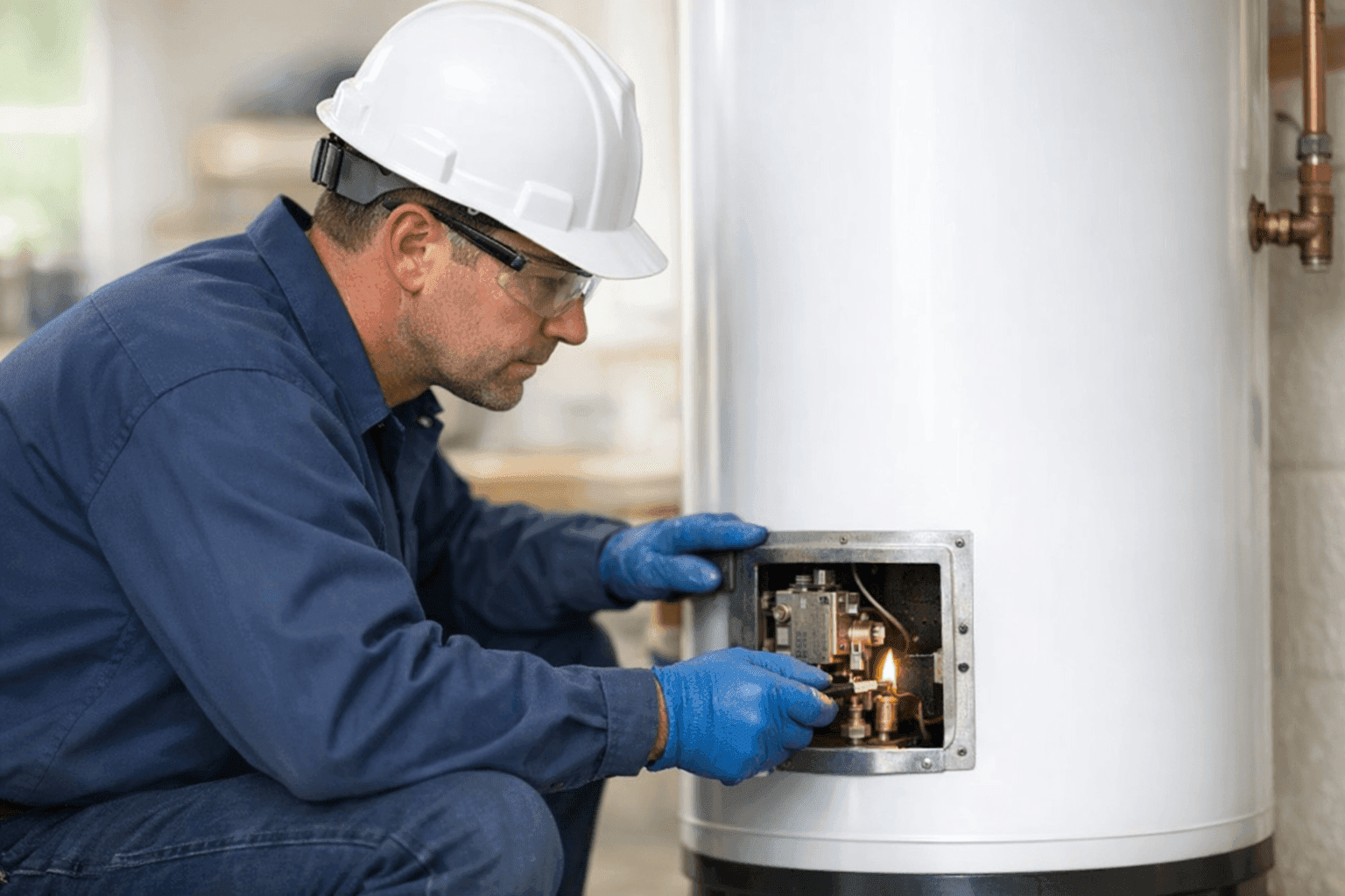 Plumber relighting water heater pilot light safely