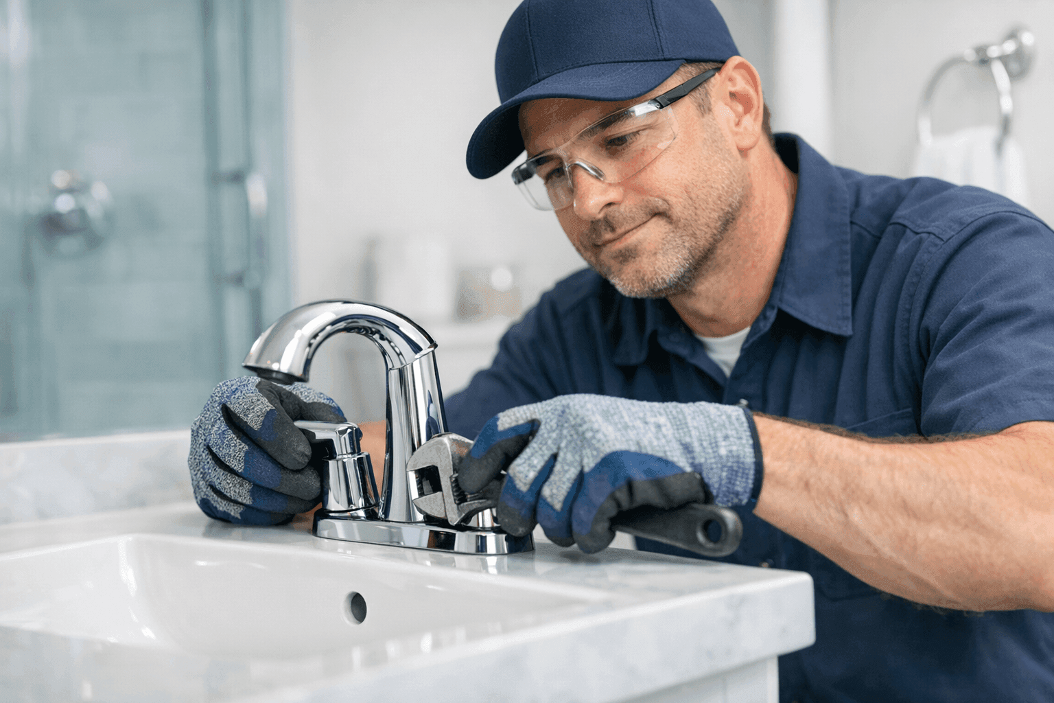 Homeowner replacing bathroom faucet safely