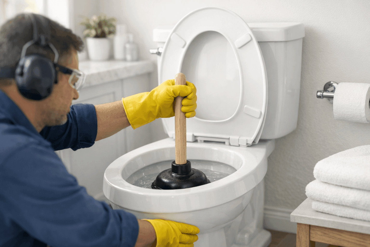 Person using a plunger on a clogged toilet