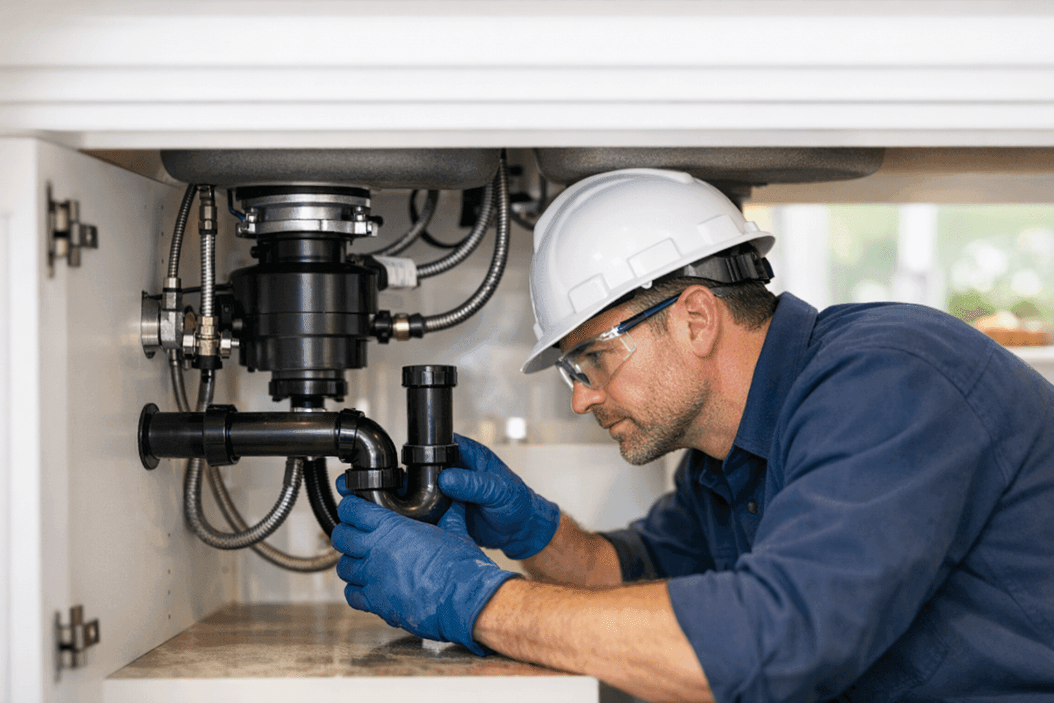 Plumber checking pipes under a kitchen sink