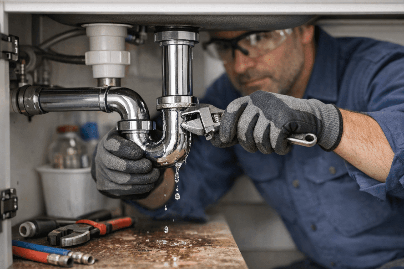 Plumber patching a leaking pipe under kitchen sink