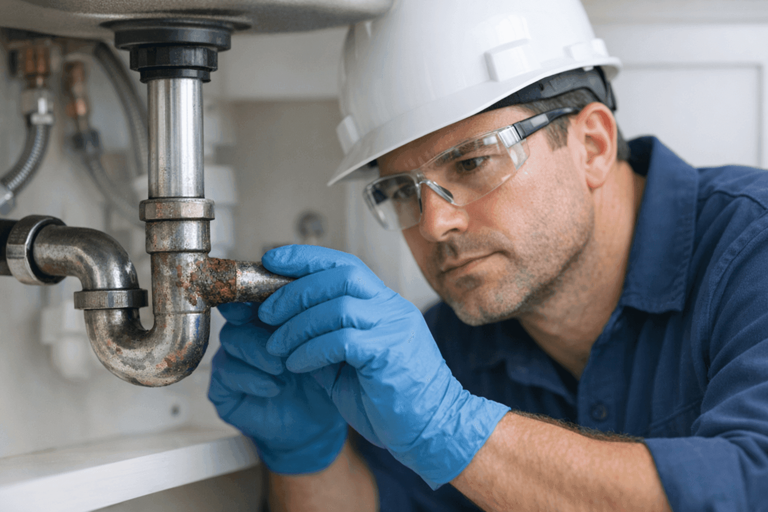 Plumber inspecting corroded pipe under a sink
