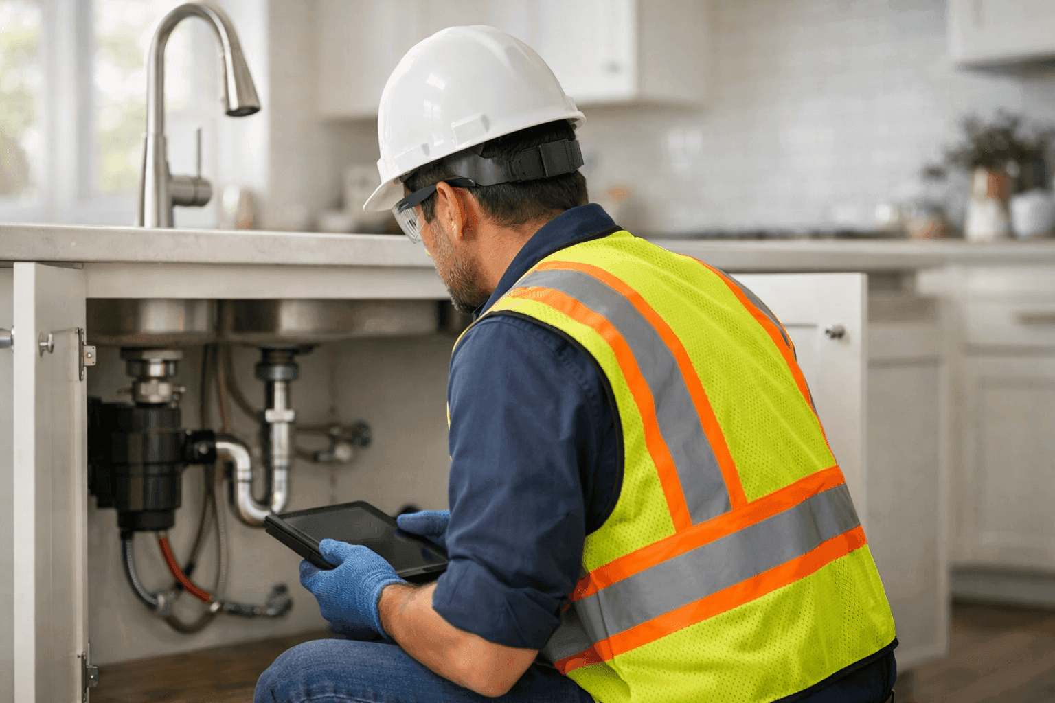 Homeowner reviewing plumbing checklist in kitchen