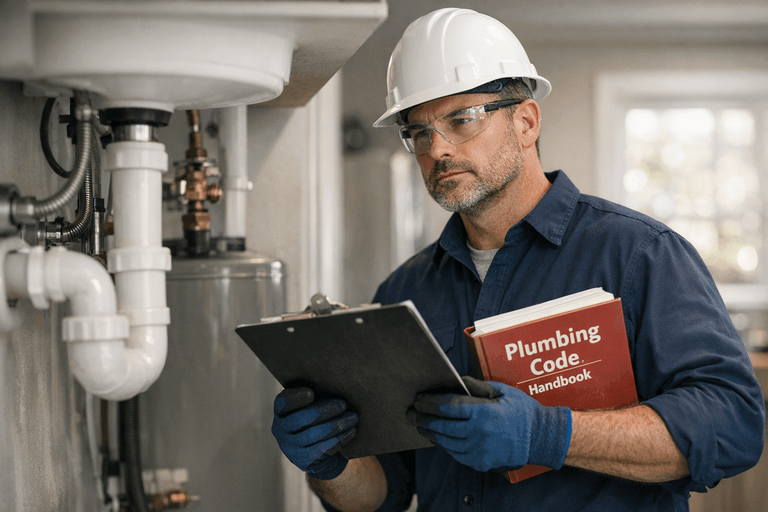 Plumber reviewing code compliance checklist during home inspection