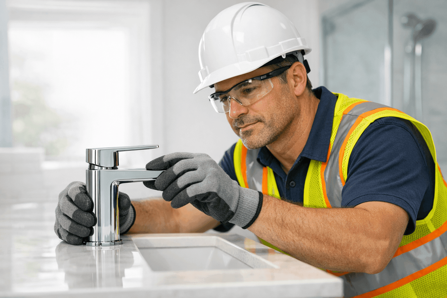 Plumber installing modern faucet in updated bathroom