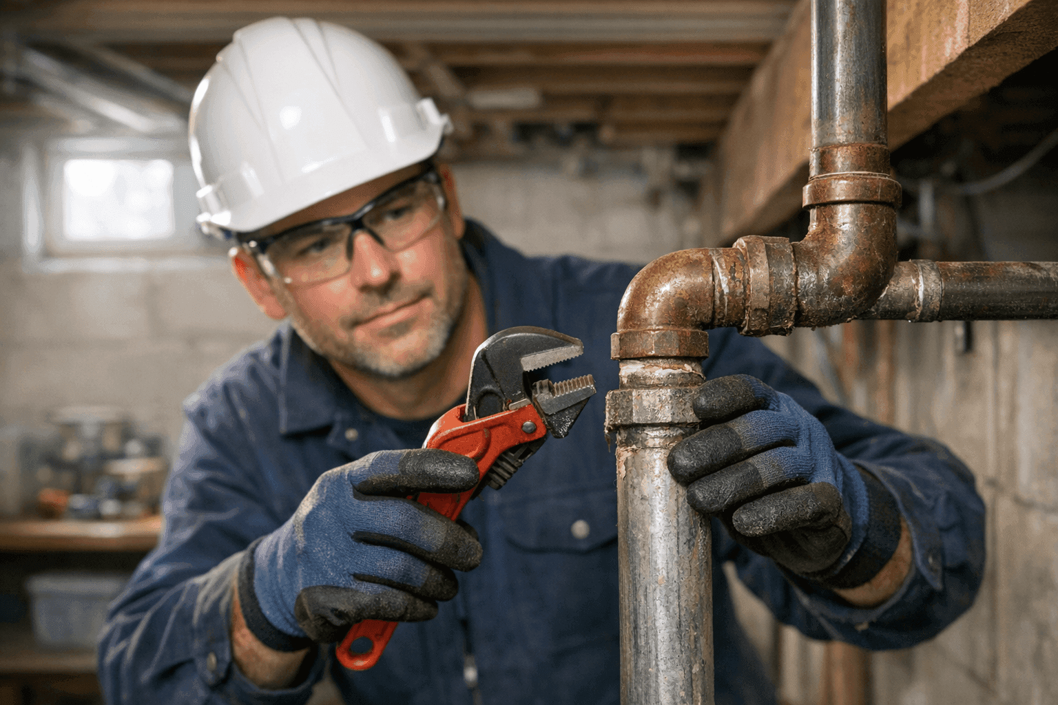 Plumber inspecting old pipes in basement of older home