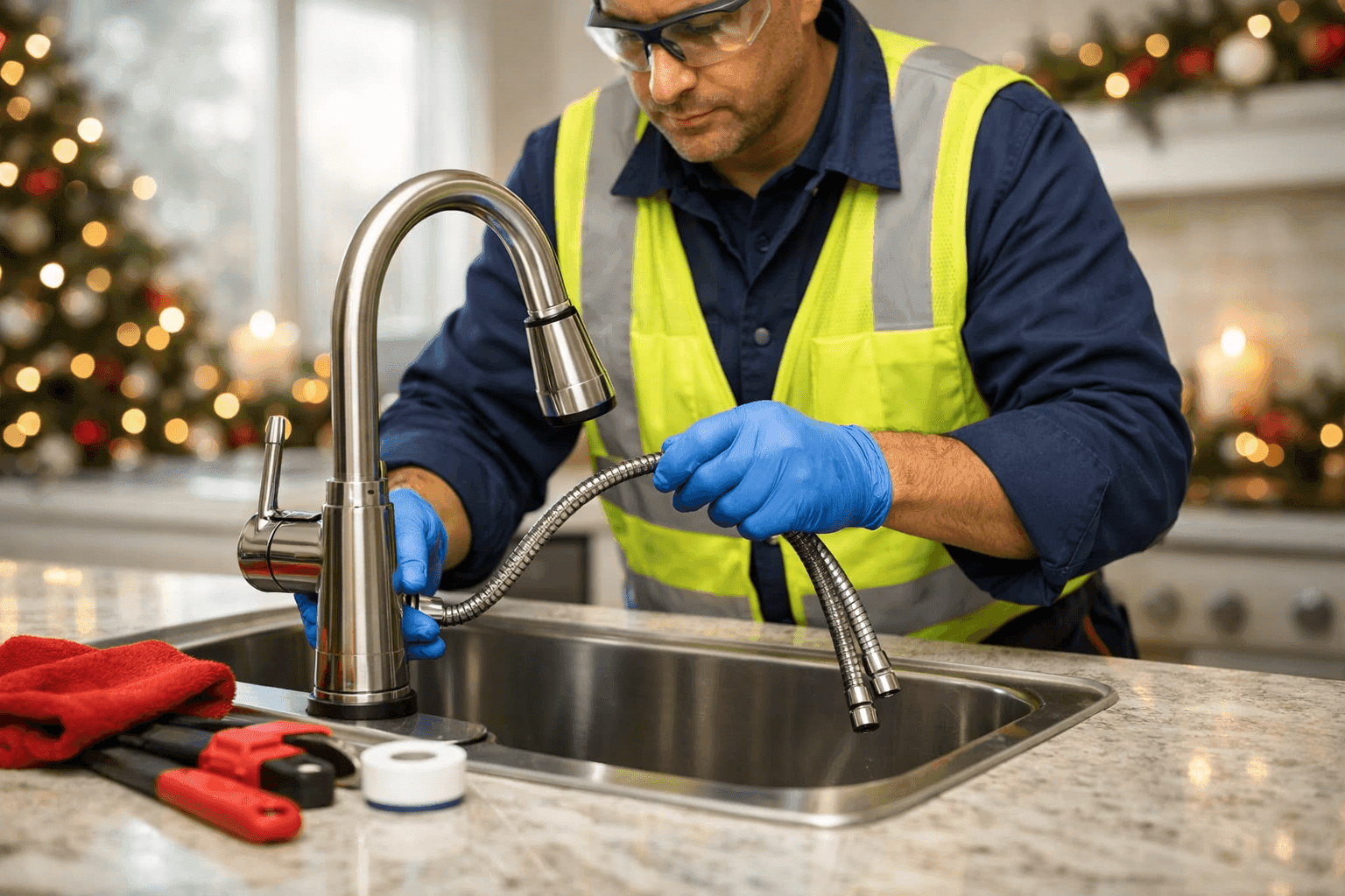 Homeowner preparing kitchen sink for holiday guests