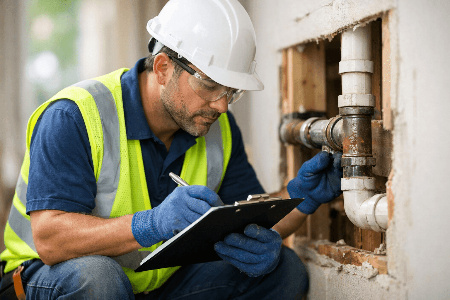 Plumber estimating cost of repairing exposed pipe