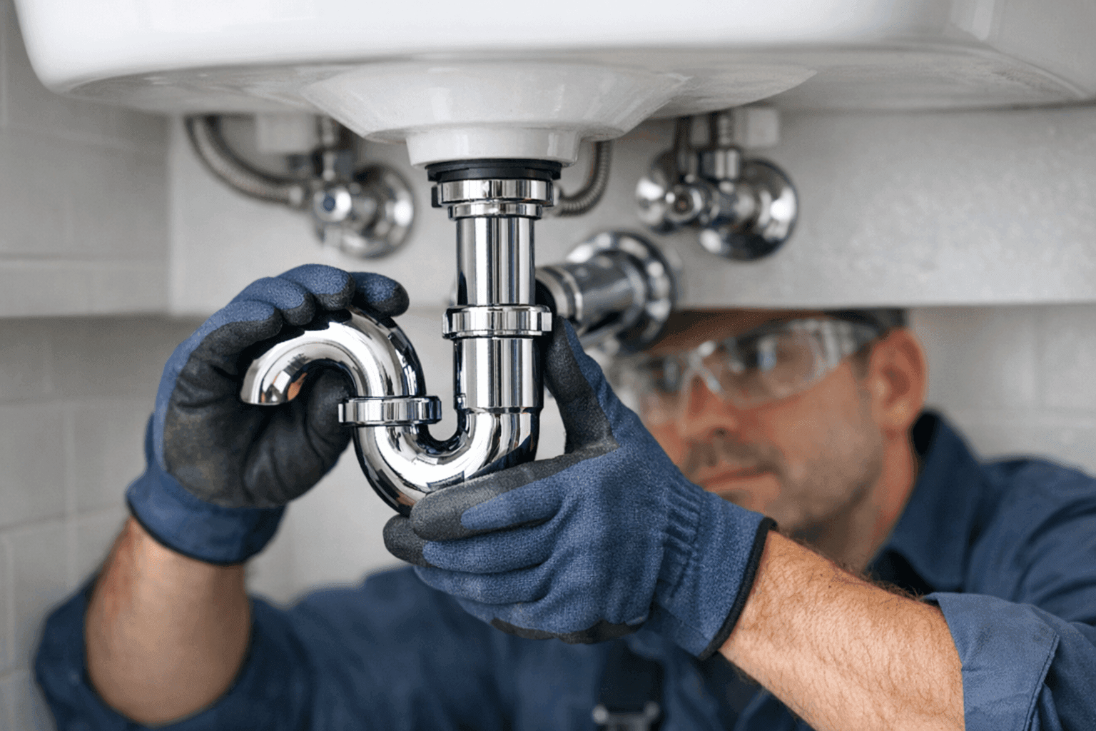 Plumber replacing a sink trap under bathroom sink