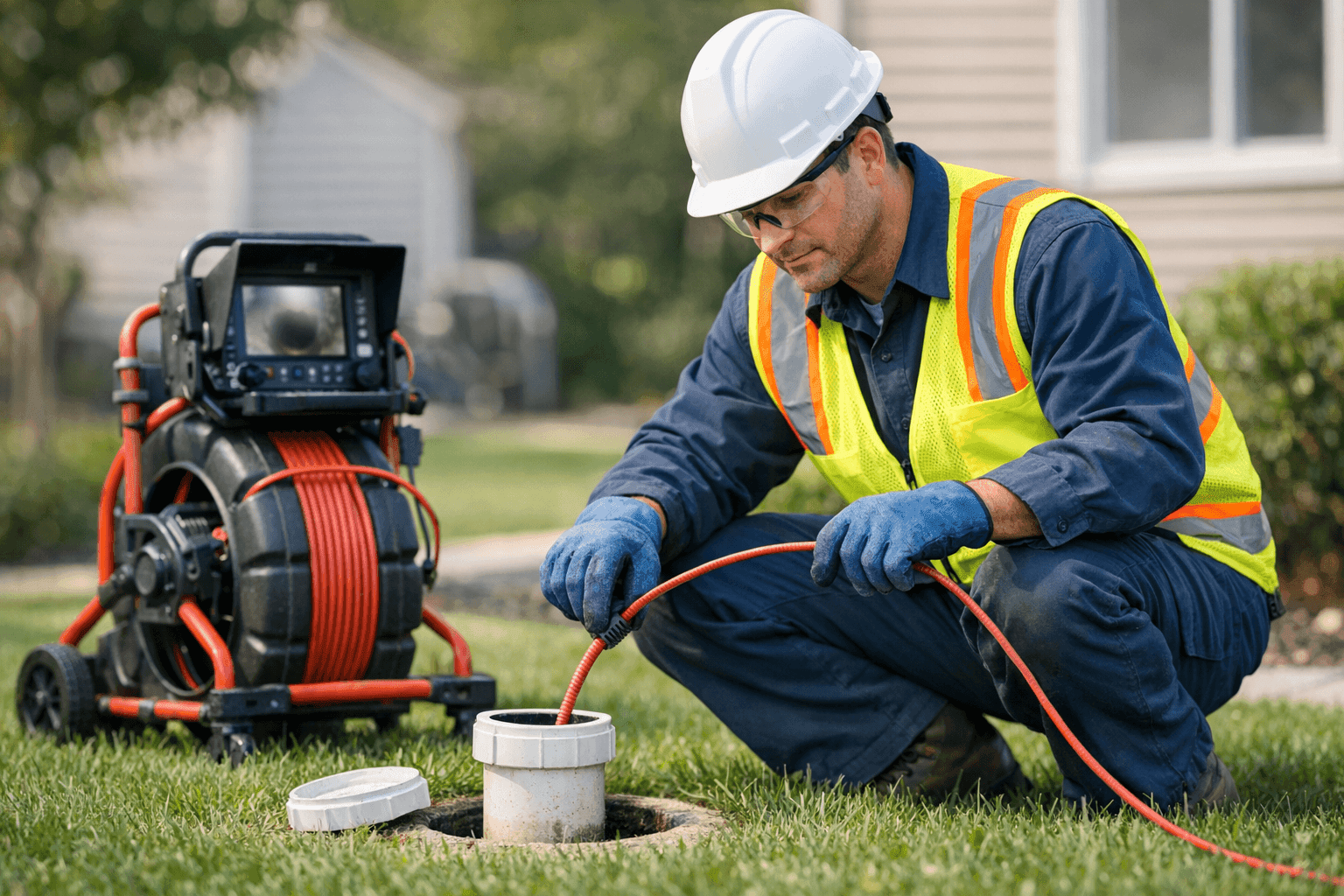 Technician performing sewer line camera inspection outdoors