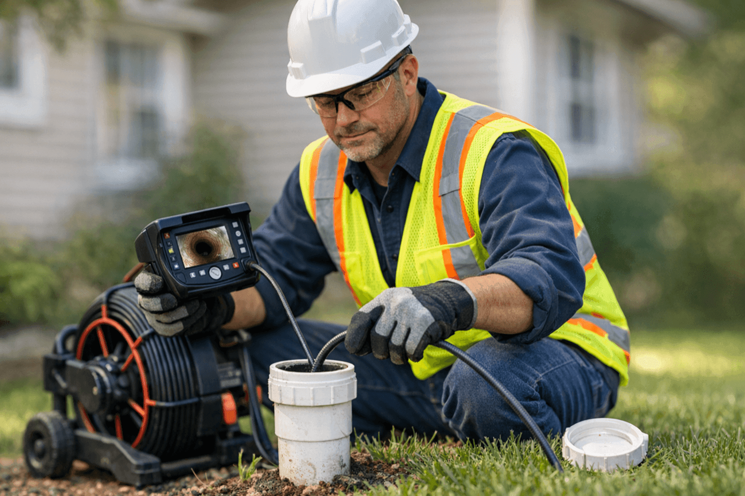 Plumber inspecting sewer line with camera tool