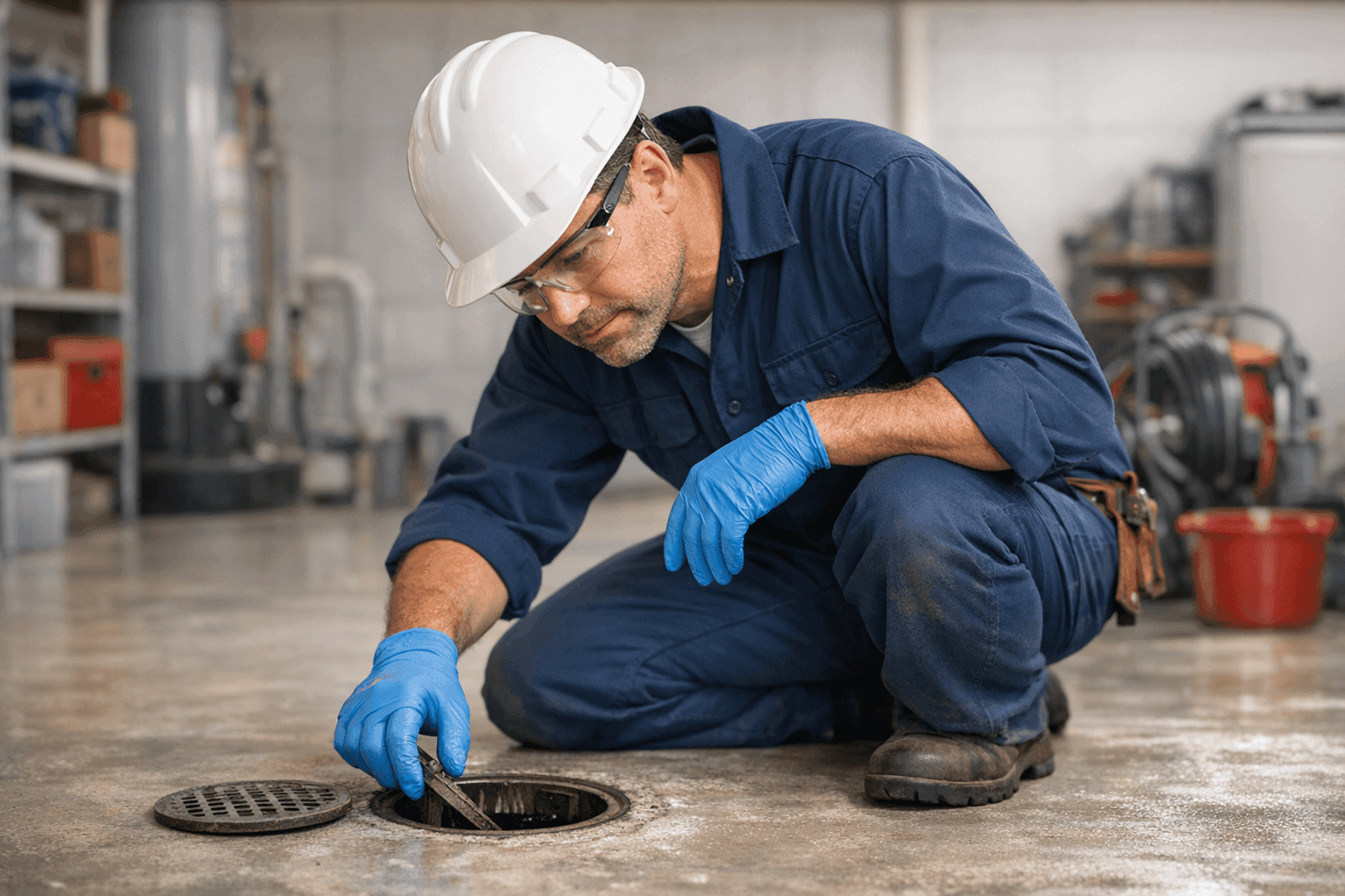 Homeowner checking basement floor drain for backup signs