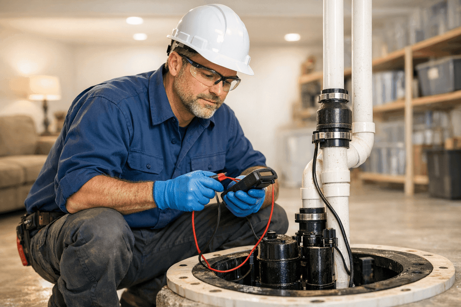 Plumber testing a sump pump in a clean basement