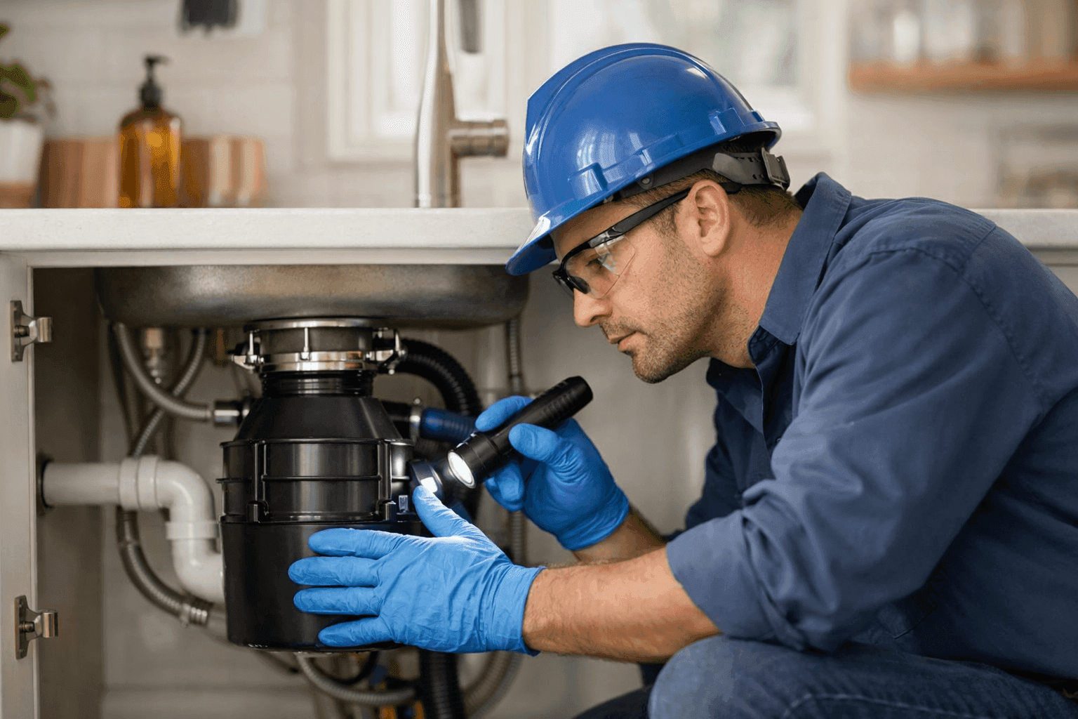 Plumber inspecting under-sink garbage disposal unit