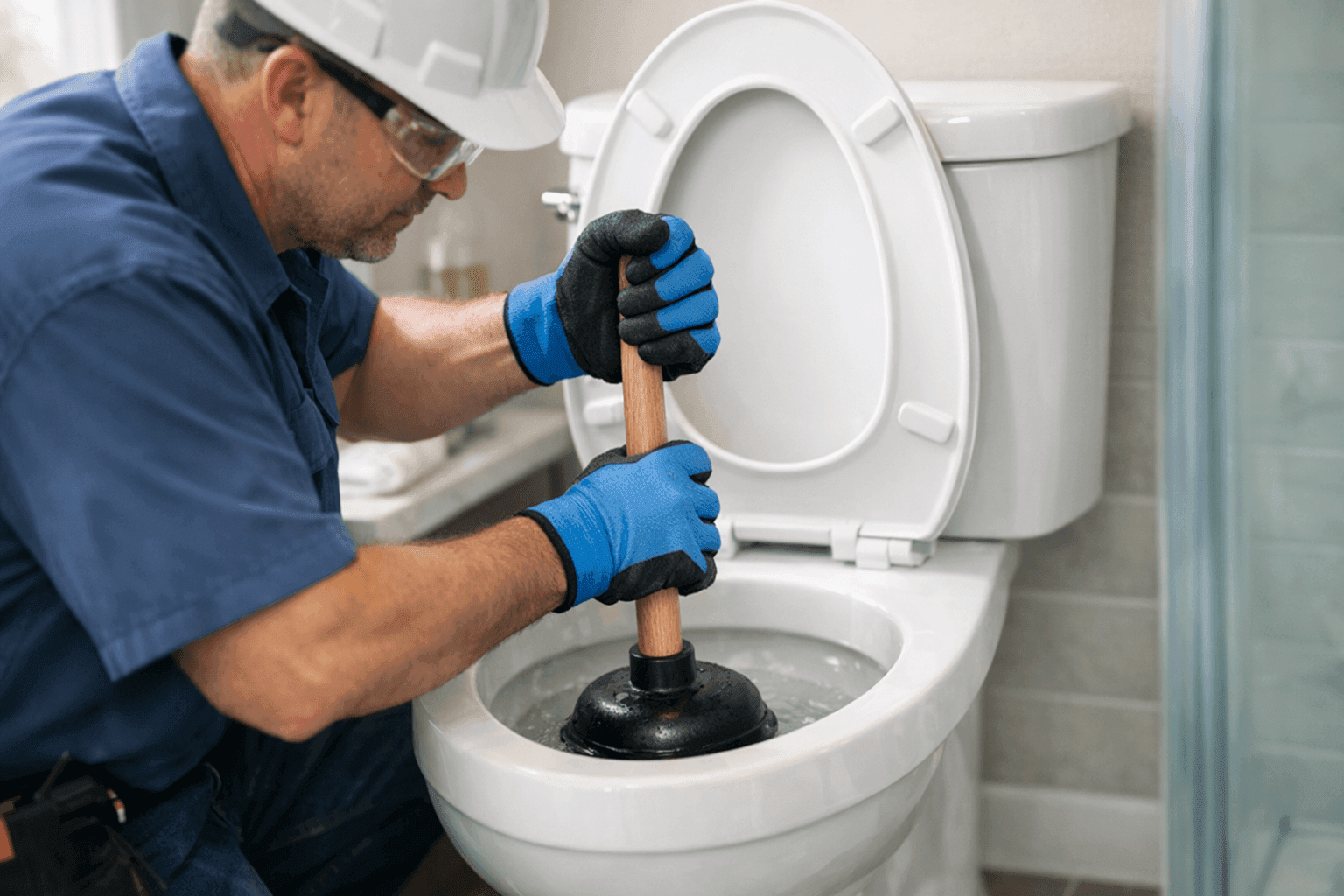 Plumber using a plunger to unclog a residential toilet