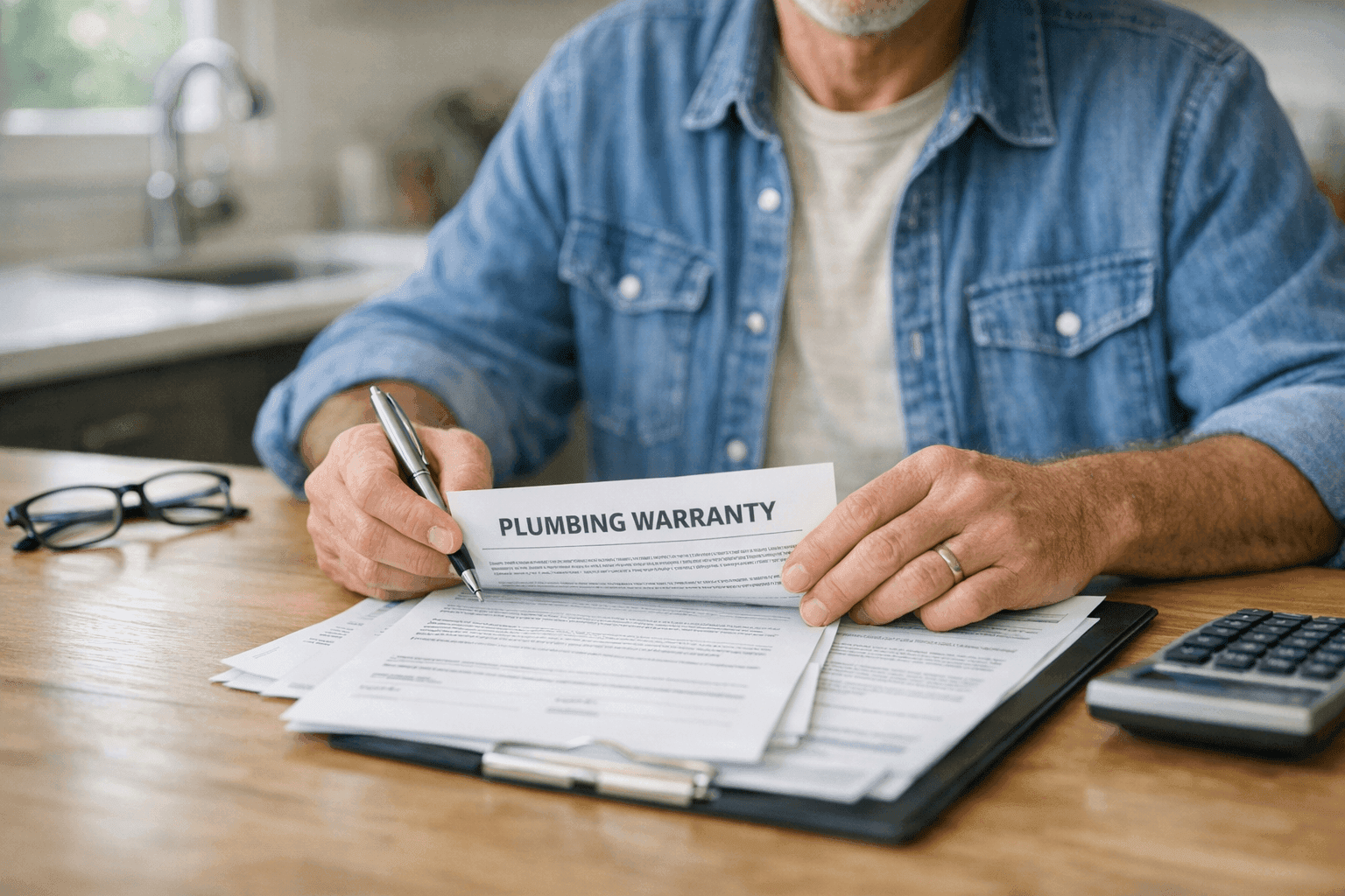 Homeowner reviewing plumbing warranty paperwork at kitchen table