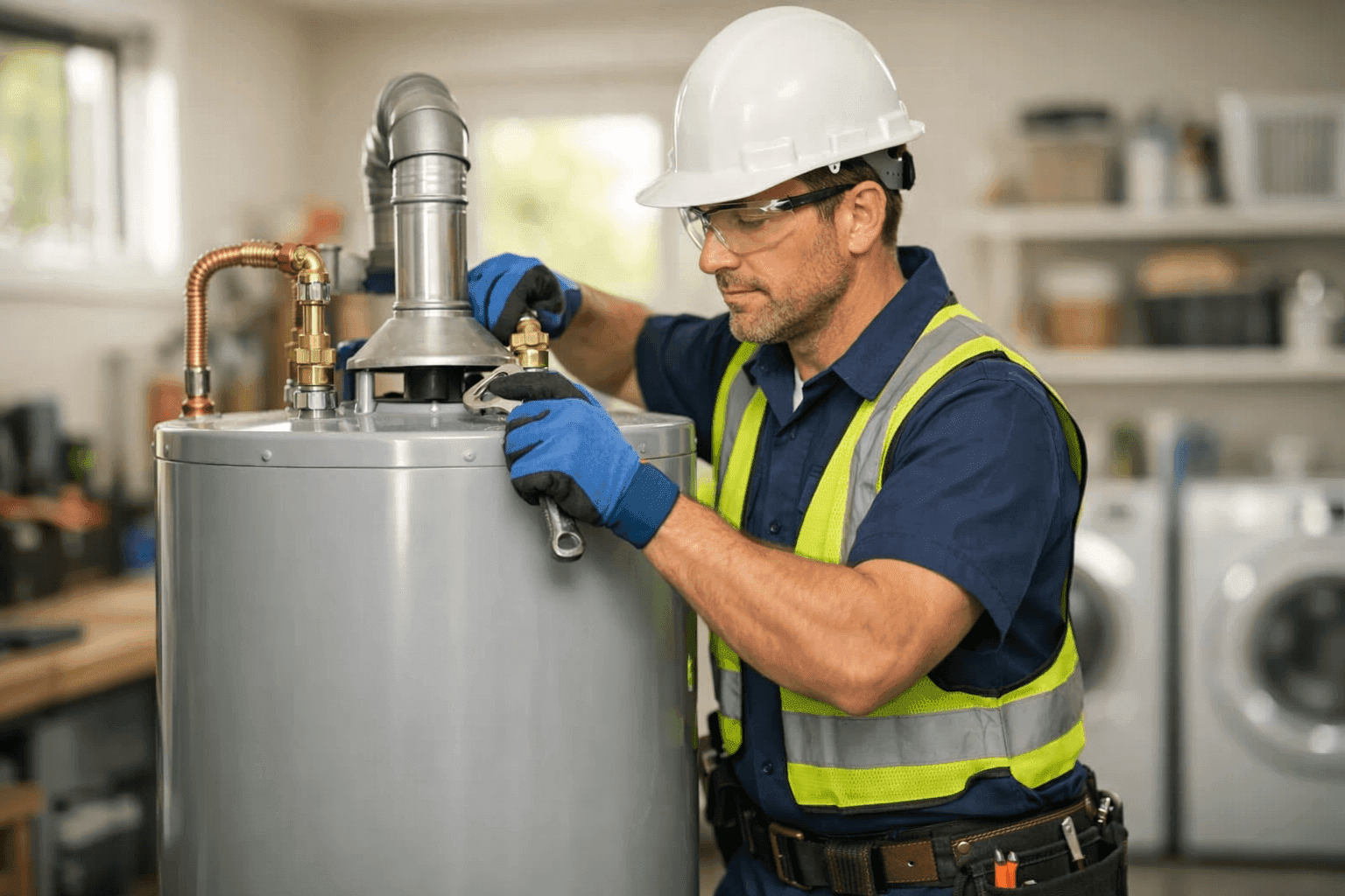 Plumber installing a new water heater in a home utility room