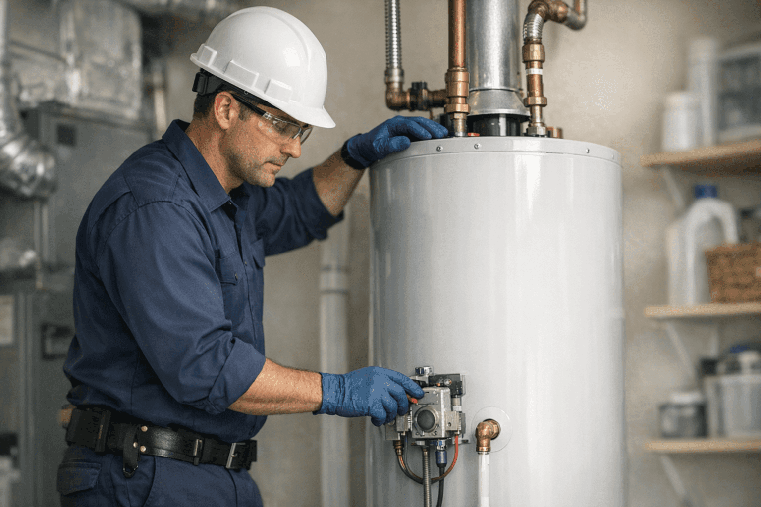 Technician inspecting a residential water heater for problems