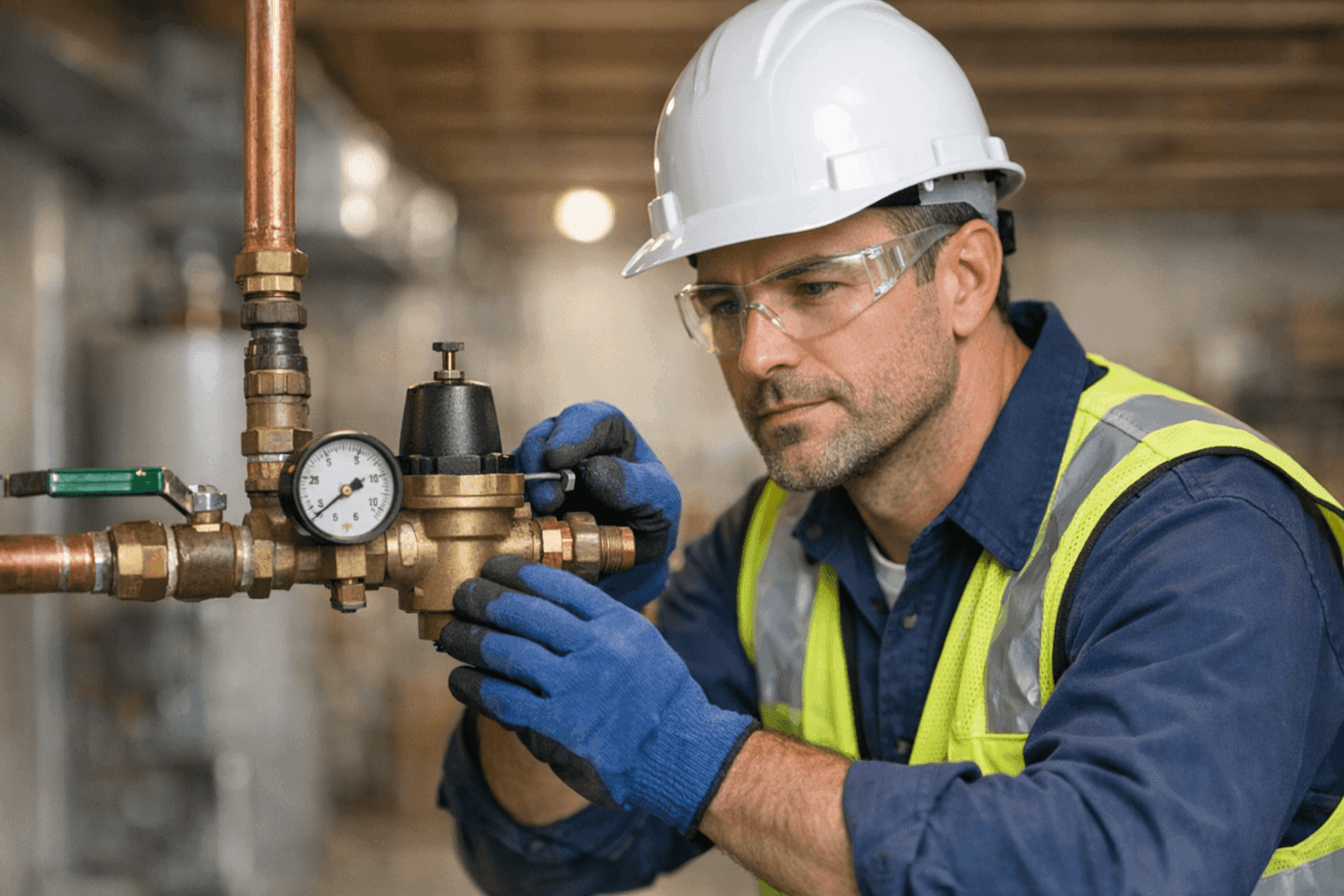 Plumber adjusting a water pressure regulator on main line