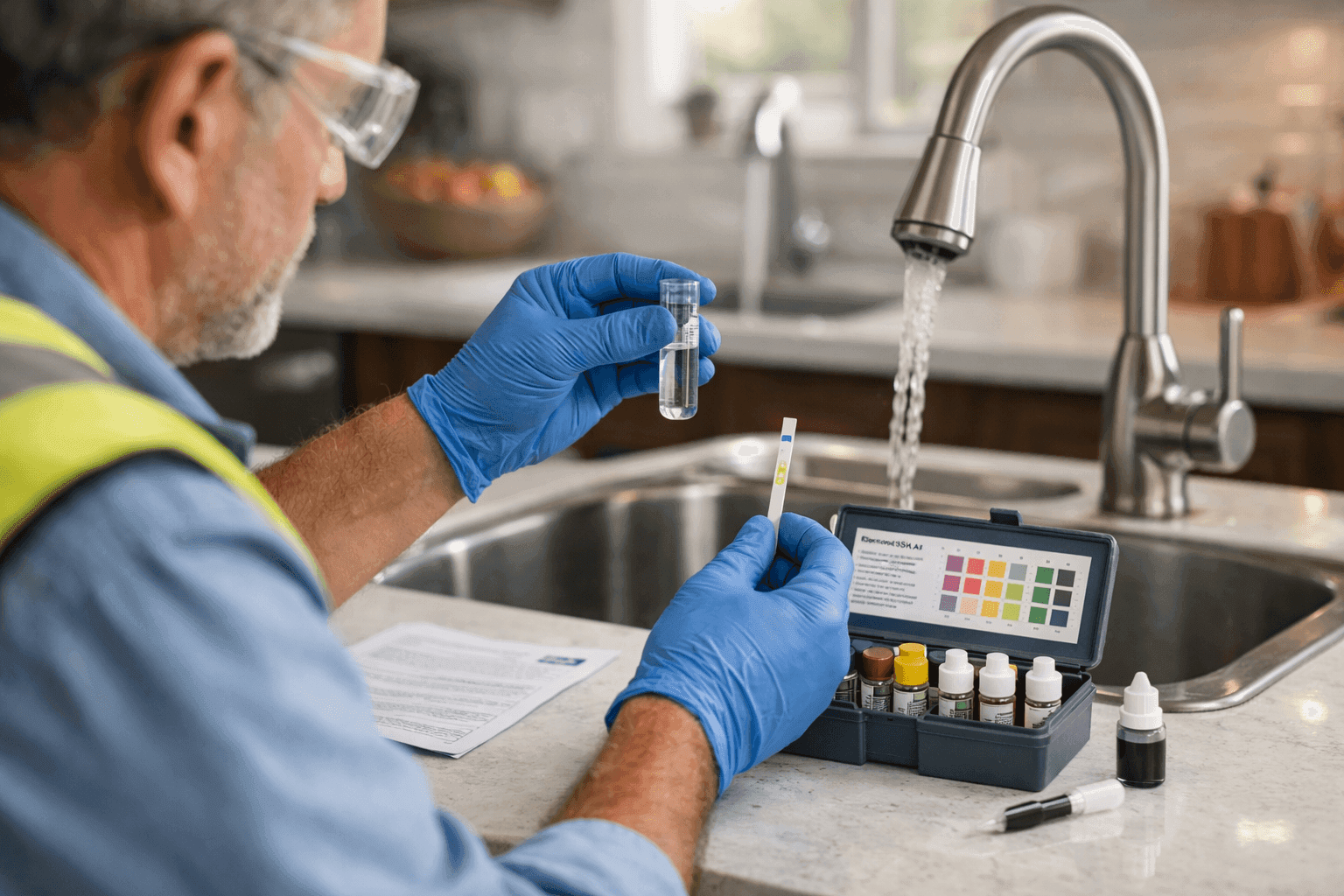 Homeowner using test kit to check water quality at kitchen sink