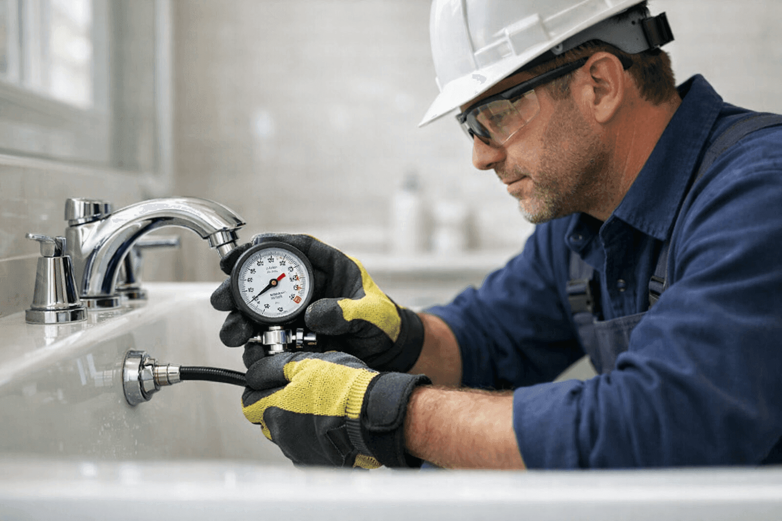 Plumber checking water pressure at a faucet