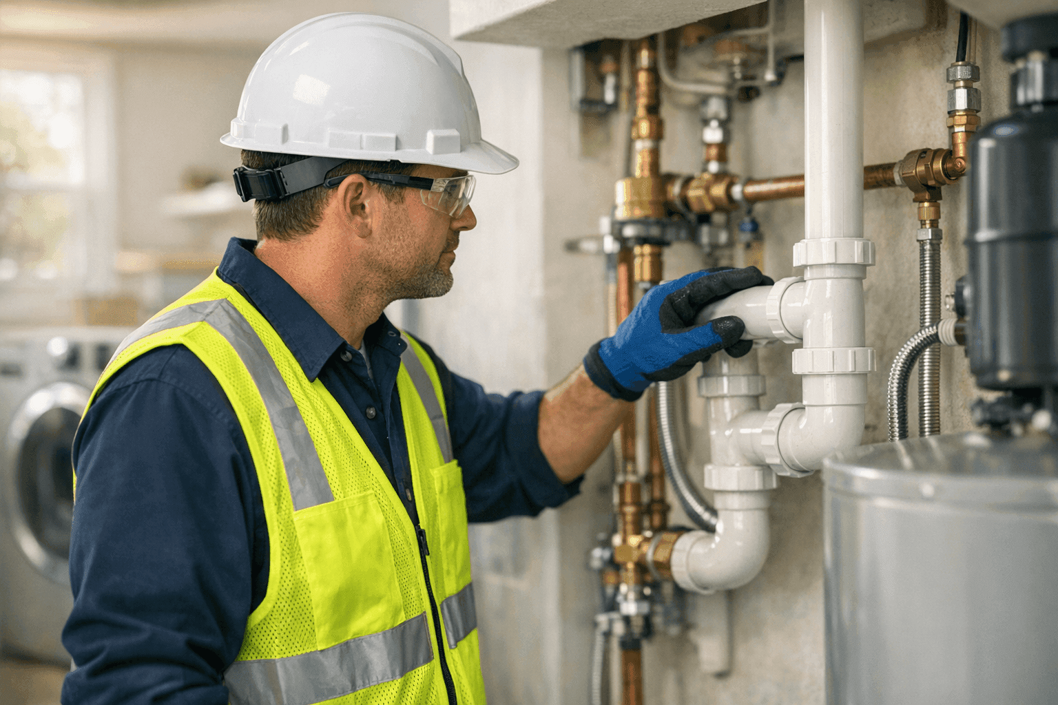 Plumber conducting annual home plumbing inspection